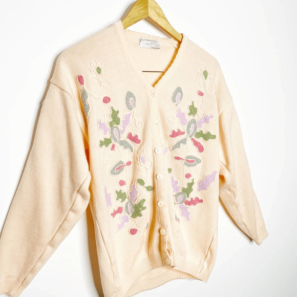 Vintage 80s Floral embroidered cardigan sweater orange pastel oversized M L - Picture 5 of 5